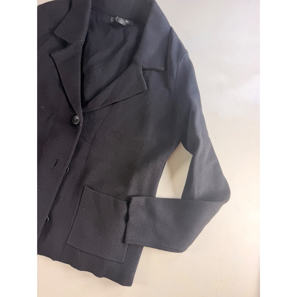 Tahari Knit Blazer Cardigan Women M Black Y2K Professional Patch Pocket Sweater
